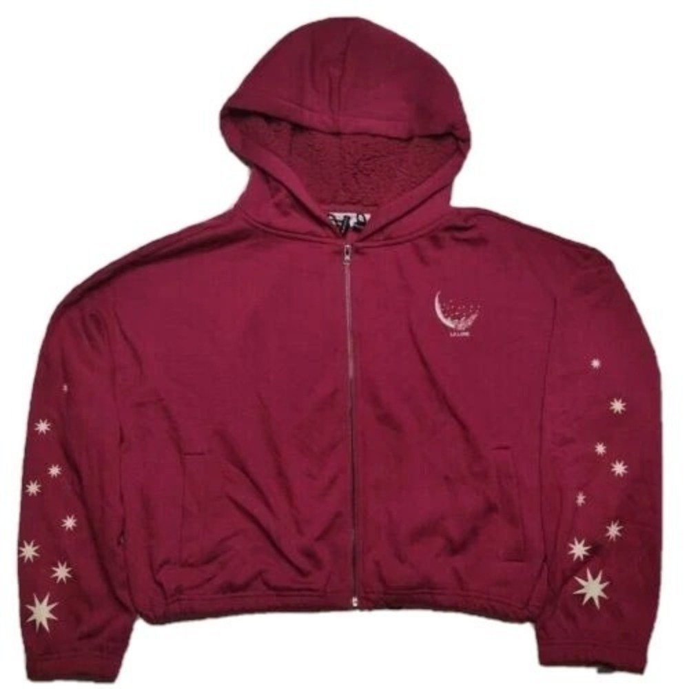 Mighty Fine LA LUNE THE MOON Burgundy Faux Fur Hood Crop Hoodie - Women XL NEW